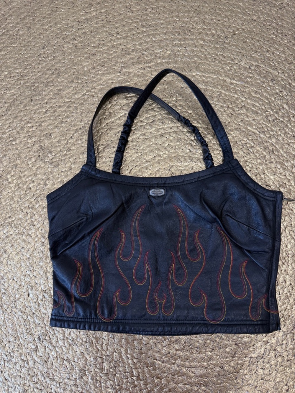 Harley-Davidson Black Leather Crop Top with Red Flame Stitching